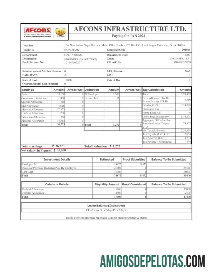 Imprimível Modelo de recibo de pagamento de infraestrutura Afcons em formatos Word e PDF.pdf, 1